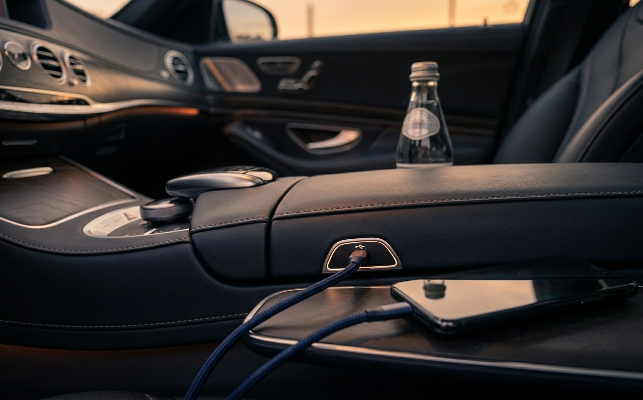 Chargeur et eau à bord d’une Mercedes