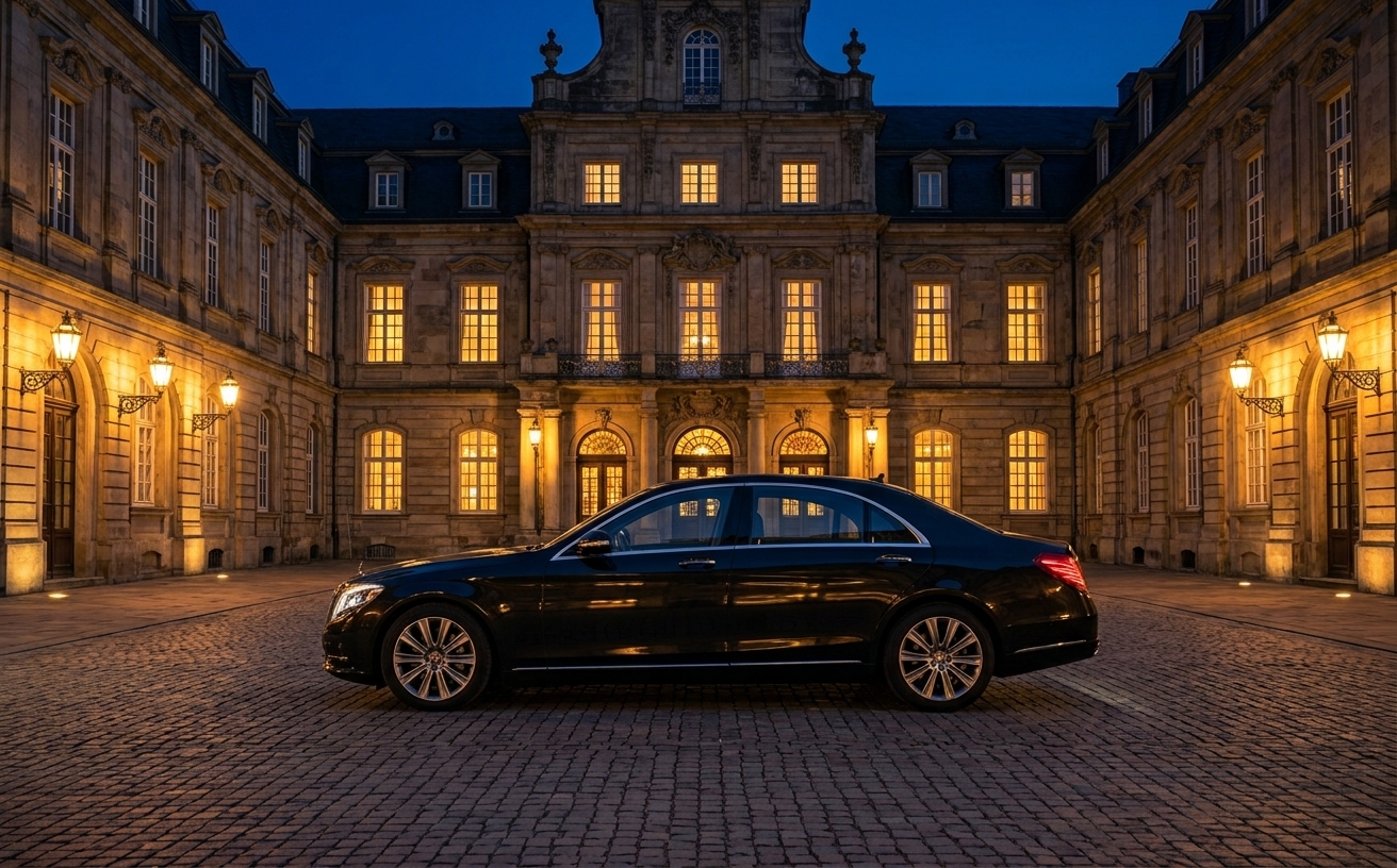 Mercedes Obi VTC devant un hôtel le soir
