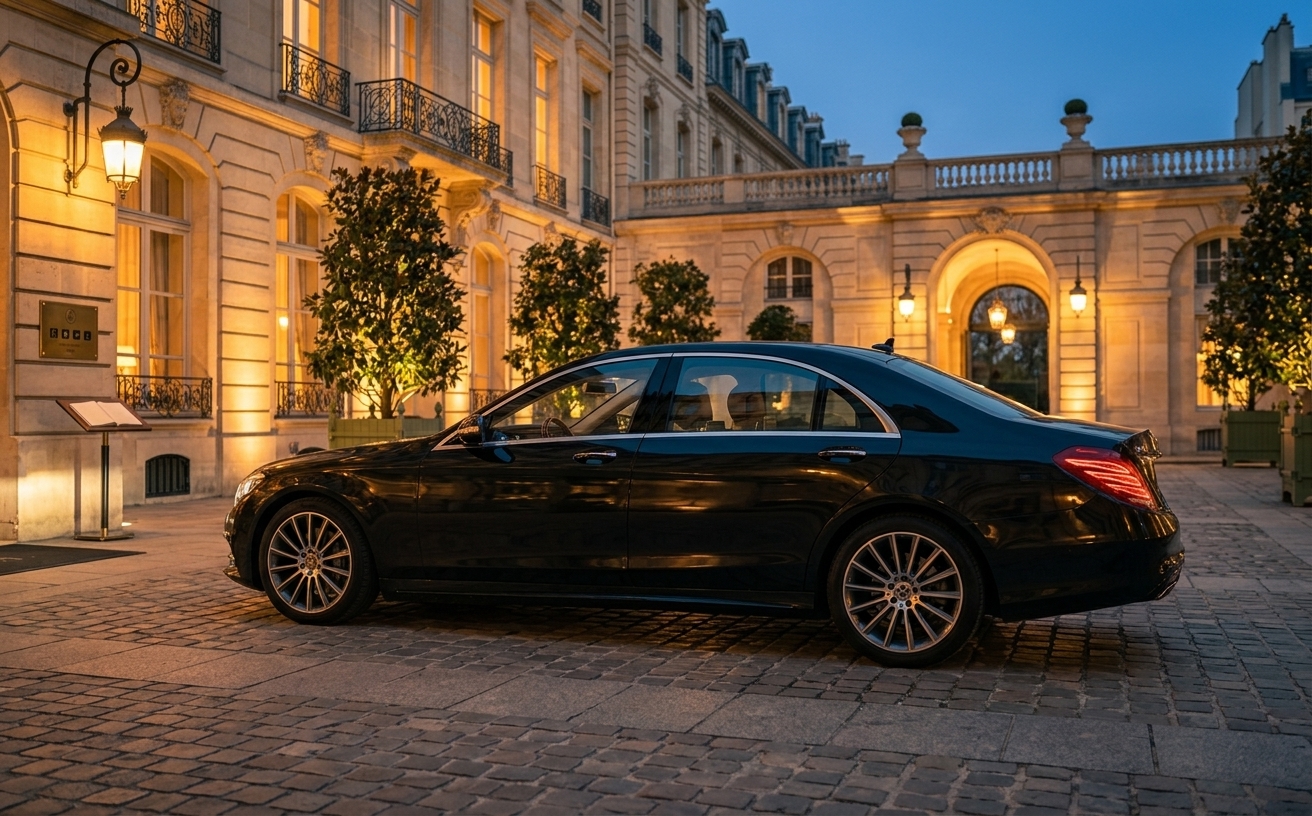 Mercedes Obi VTC devant un hôtel le soir