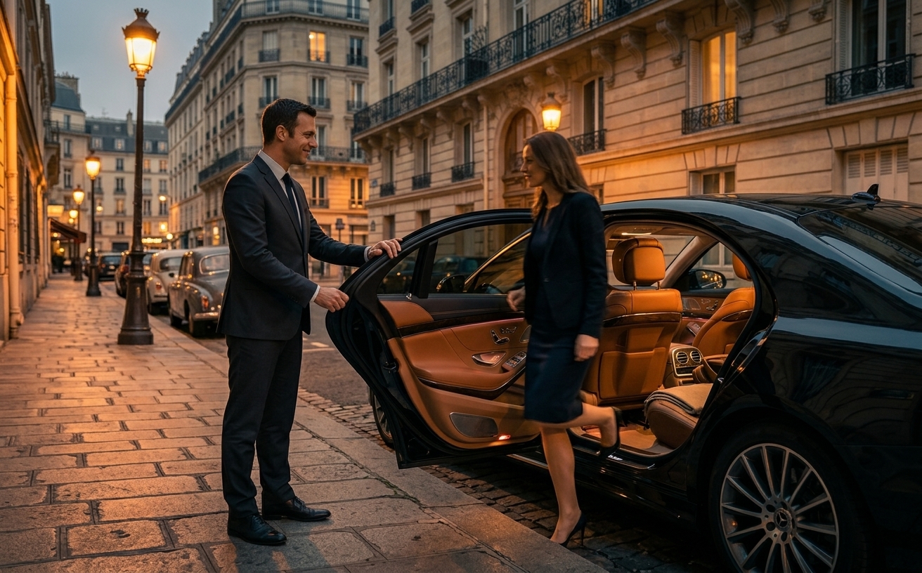 Chauffeur ouvrant la portière d’une Mercedes à Paris